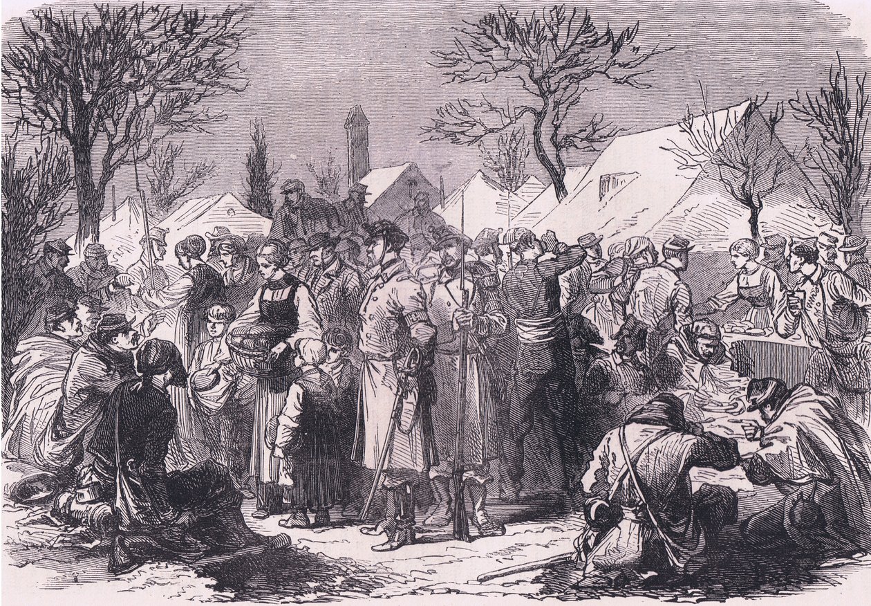 Franske flygtninge soldater i Schweiz, Cassells historie om krigen mellem Frankrig og Tyskland udgivet af Cassell and Company Limited, ca. 1890 (litho) af German School