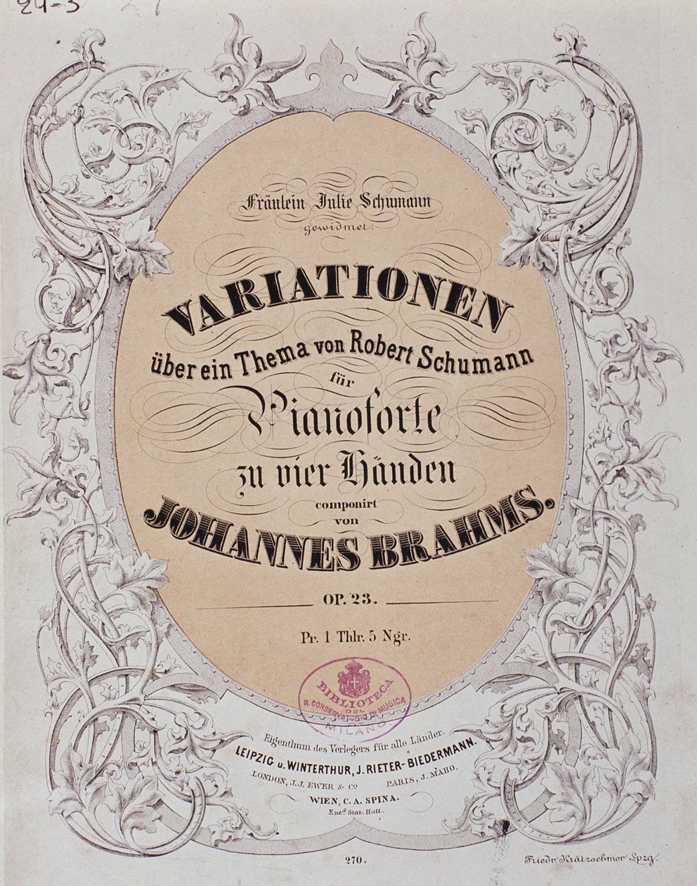 Frontispice af "Variationer over et tema af Robert Schumann" (Op. 23) af Johannes Brahms (1833-1897) af German School