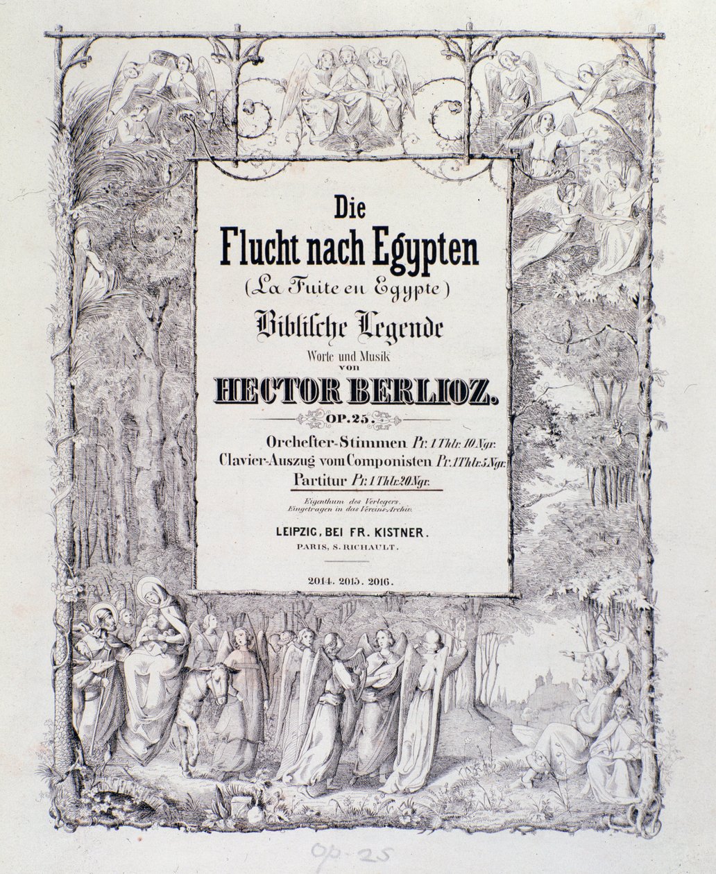 Frontispice af musikpartitur af den tyske udgave af "" Flugten ind i Egypten, opus 25"" ouverture af den franske romantiske komponist Hector Berlioz af German School