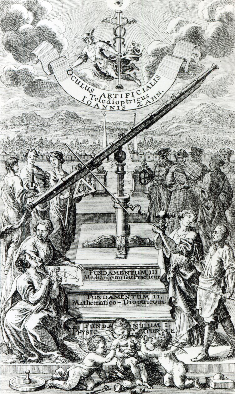 Frontispice til Oculus Artificialis Teledioptricus Sive Telescopium af Johann Zahn, 2. udgave udgivet i 1702 af German School