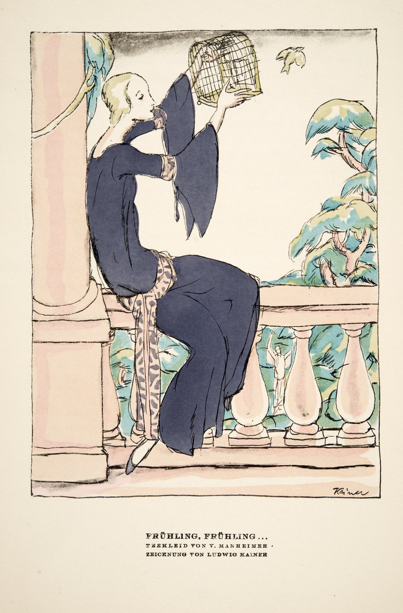 "Frühling, Frühling", reklame for Tea Dress af V. Manheimer, fra Styl, pub.1922 (pochoir print) af German School