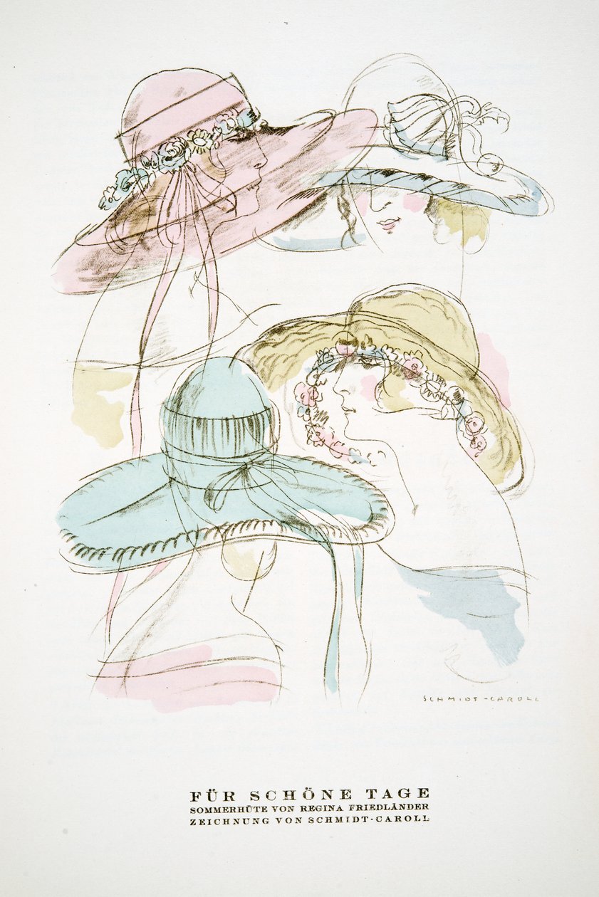 "Fur Schone Tage", reklame for sommerhatte fra Regina Friedlander, fra Styl, pub.1922 (pochoir print) af German School