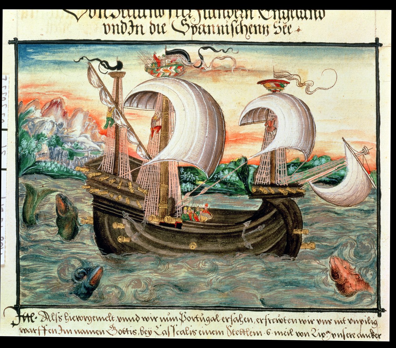 Galleon i fuld sejl på vej til Portugal, illustreret af Colour (eller Keller) familien fra Nürnberg (vellum) af German School
