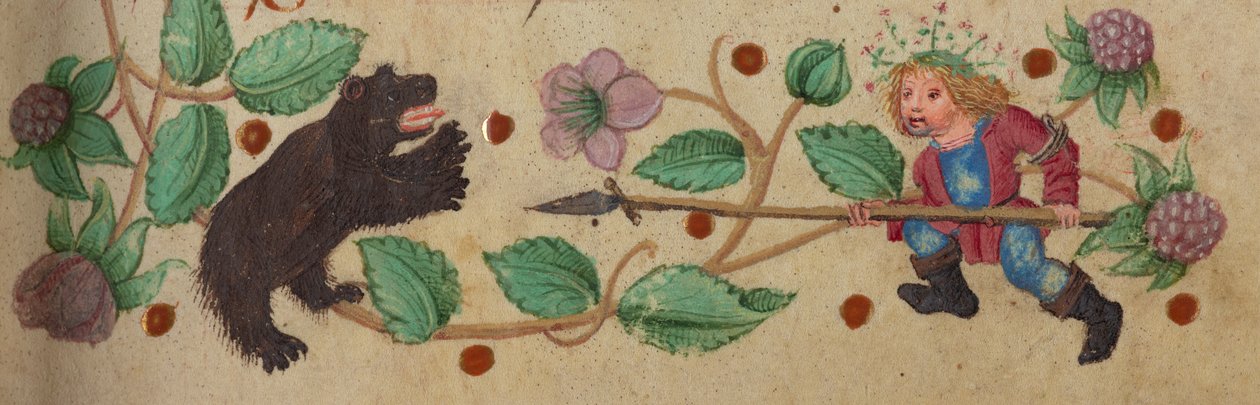 Garlanded Hunter til fods spidder en bjørn, ca. 1475-1485 af German School