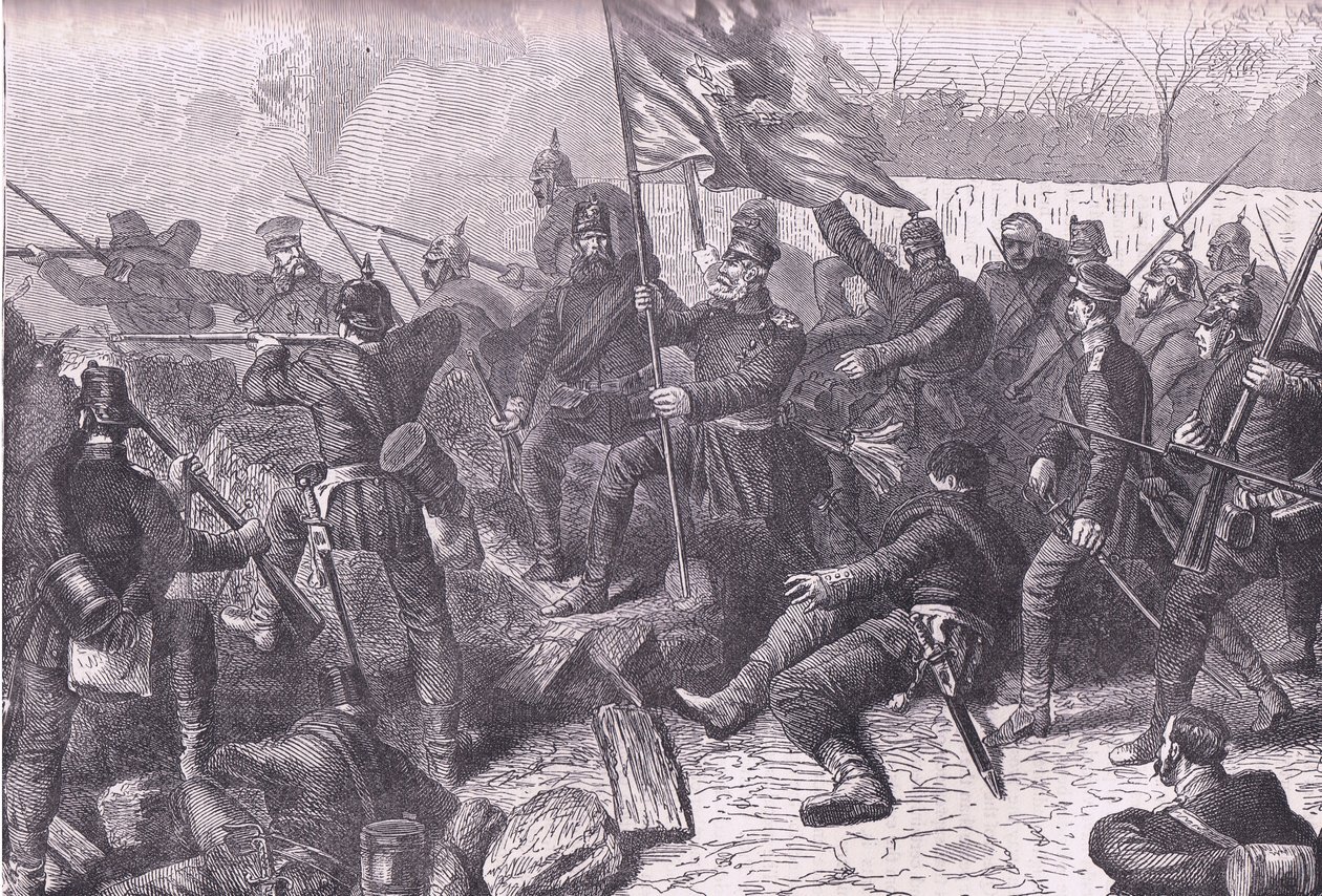 General von Budretzky leder angrebet på Le Bourget, Cassells History of the War between France and Germany udgivet af Cassell and Company Limited, ca. 1890 (litho) af German School