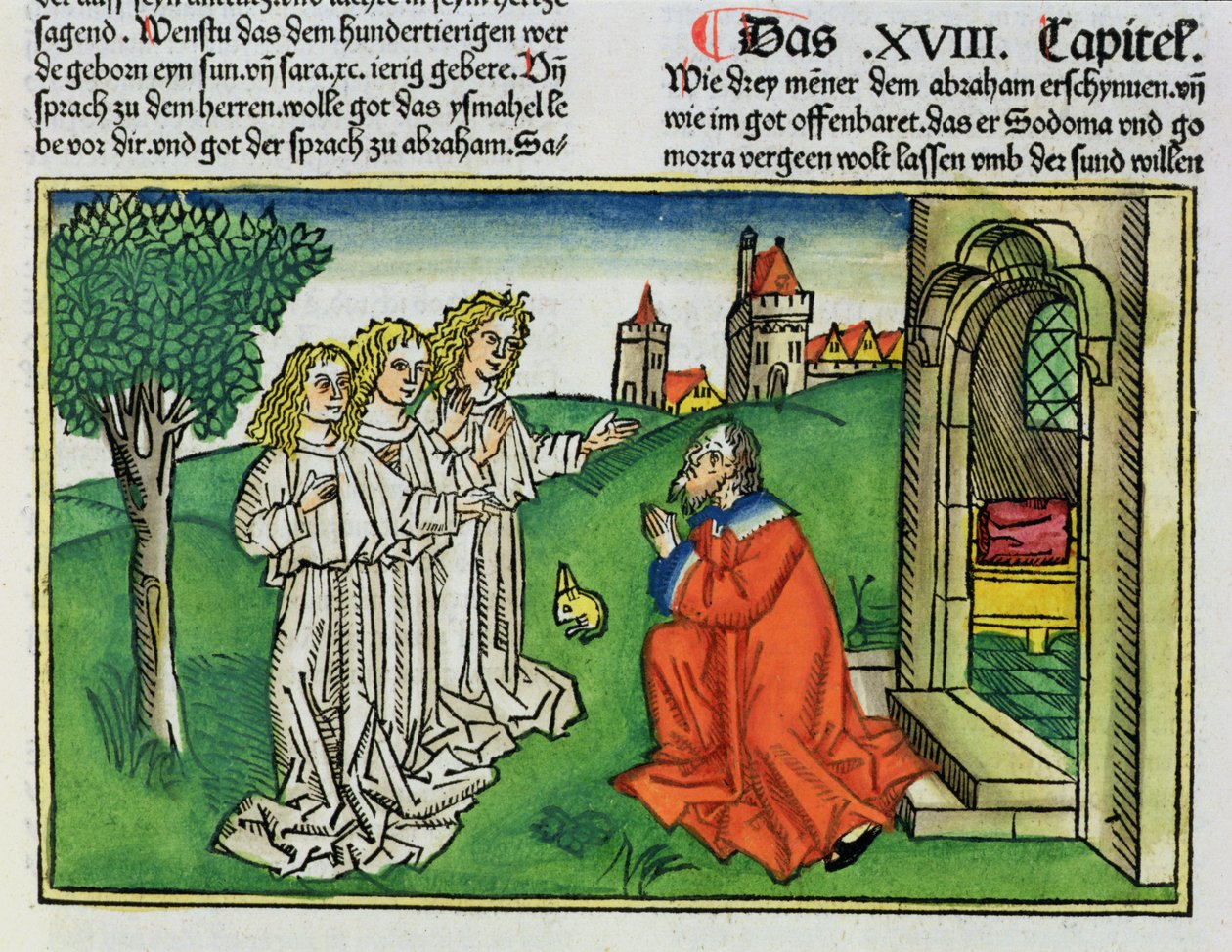 Første Mosebog 18 2 Abraham og de tre engle, fra Nürnbergbibelen (Biblia Sacra Germanaica) (farvet træsnit) af German School