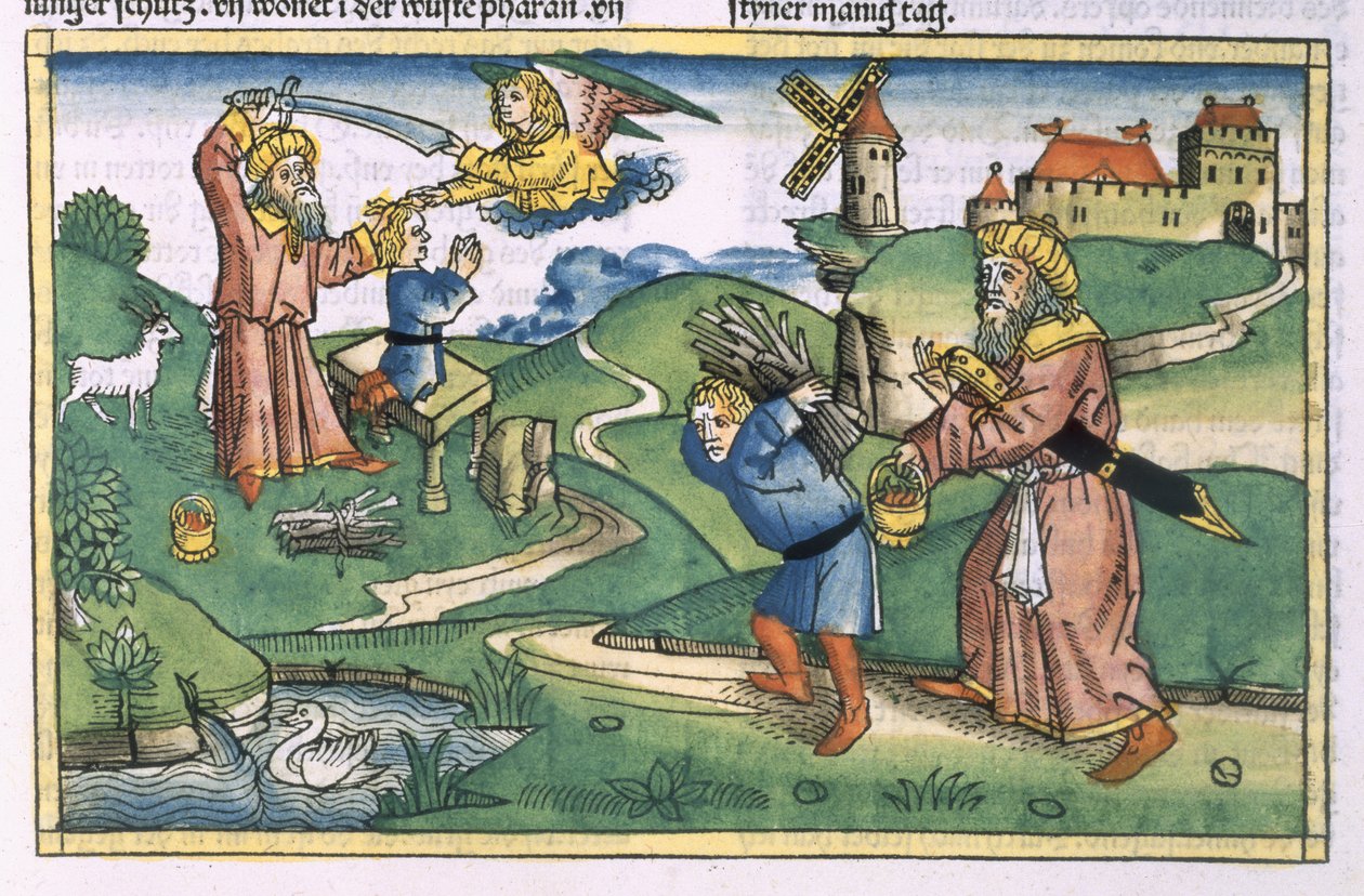 Første Mosebog 21 1-14 Abrahams ofring af Isak, fra Nürnbergbibelen (Biblia Sacra Germanaica) (farvet træsnit) af German School