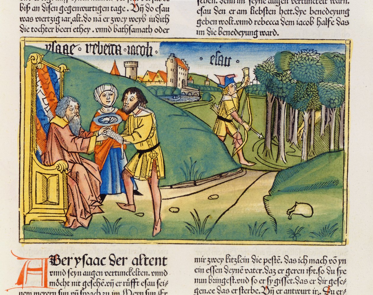 Første Mosebog 27 6-29 Jakob får Isaacs velsignelse, fra Nürnbergbibelen (Biblia Sacra Germanaica) (farvet træsnit) af German School