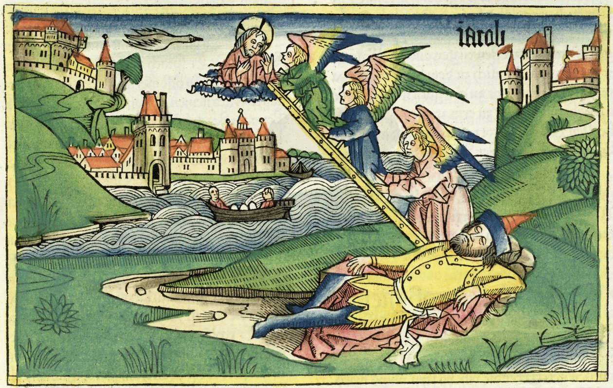 Første Mosebog 28 10 Jacobs Stige, fra Nürnbergbibelen (Biblia Sacra Germanaica) (farvet træsnit) af German School