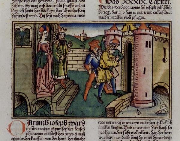 1. Mosebog 39 19-23 Den uskyldige Josef bliver fængslet, fra "Nürnberg-bibelen (Biblia Sacra Germanaica)" (farvet træsnit) af German School
