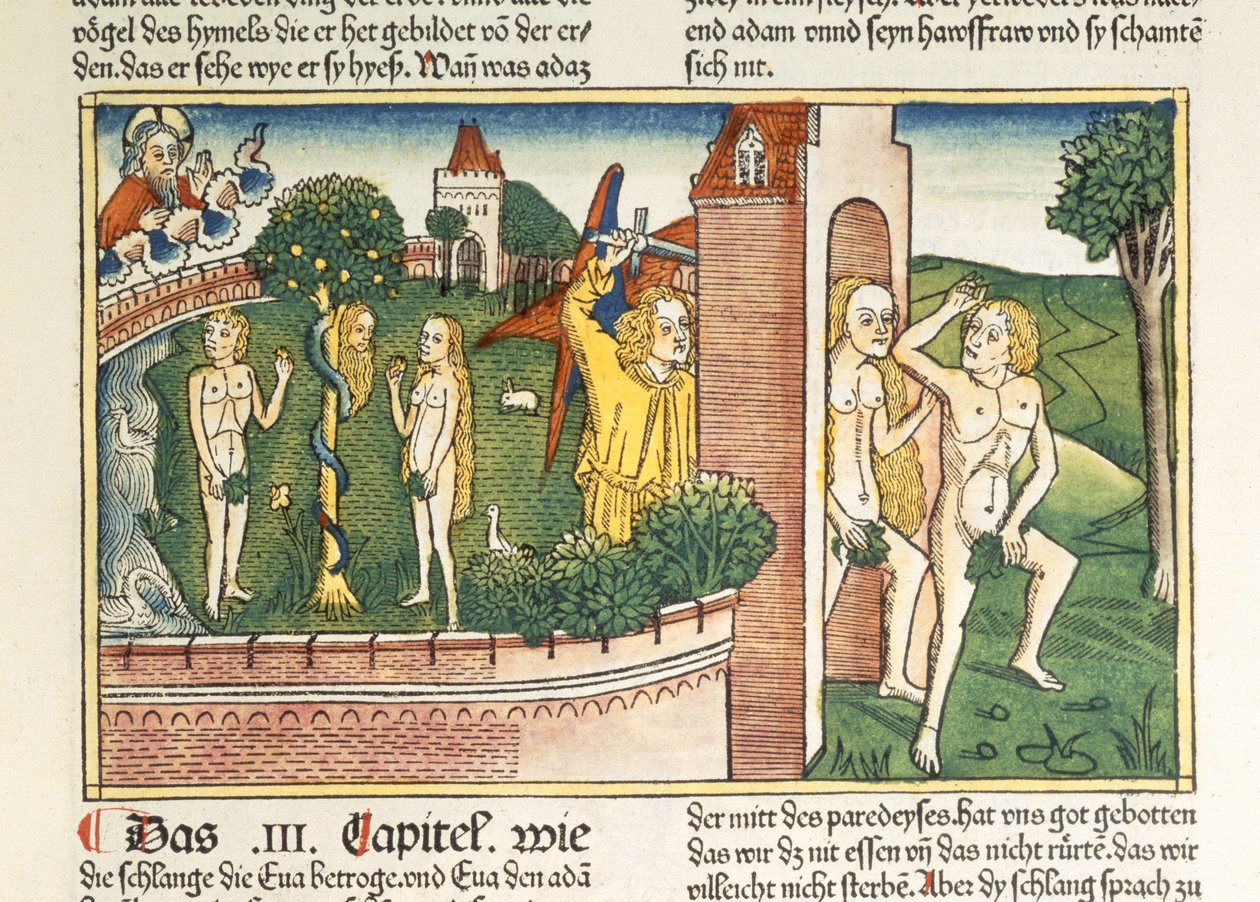 Første Mosebog 3 1-24 Fristelsen og uddrivelsen fra paradis, fra Nürnbergbibelen (Biblia Sacra Germanaica) (farvet træsnit) af German School