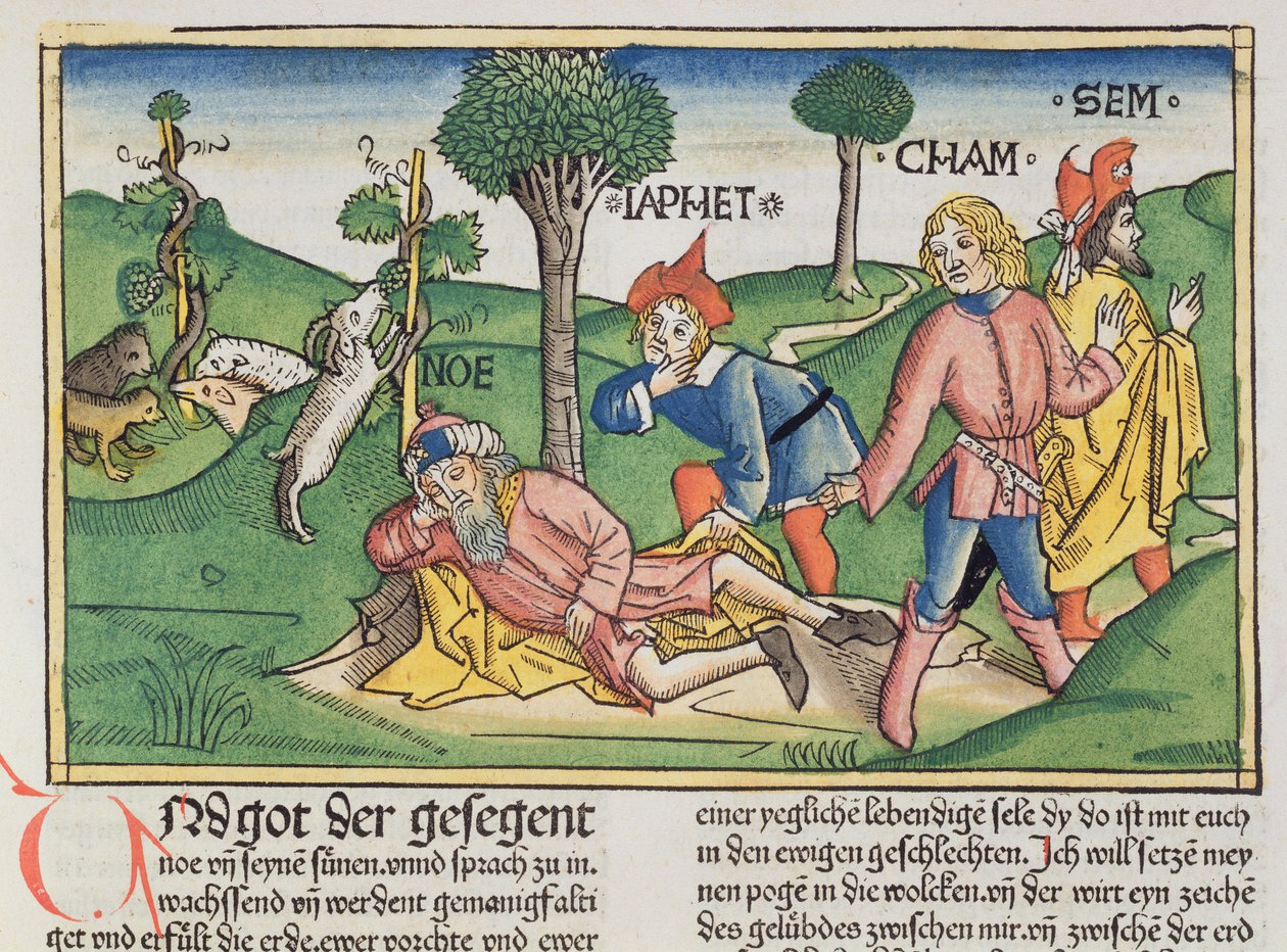 Første Mosebog 9 20-27 Noa dækket med en kappe af sine sønner Sem, Ham og Japeth, fra Nürnbergbibelen (Biblia Sacra Germanaica) (farvet træsnit) af German School