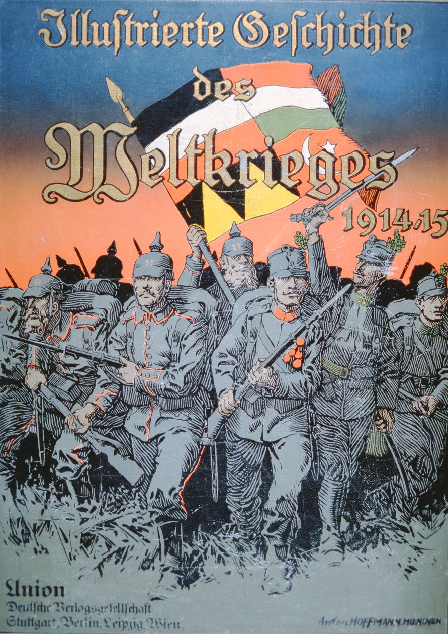 Tyske og østrig-ungarske tropper rykker frem skulder-til-skulder, forsiden af Illustrated Book of the World War 1914-15 af German School