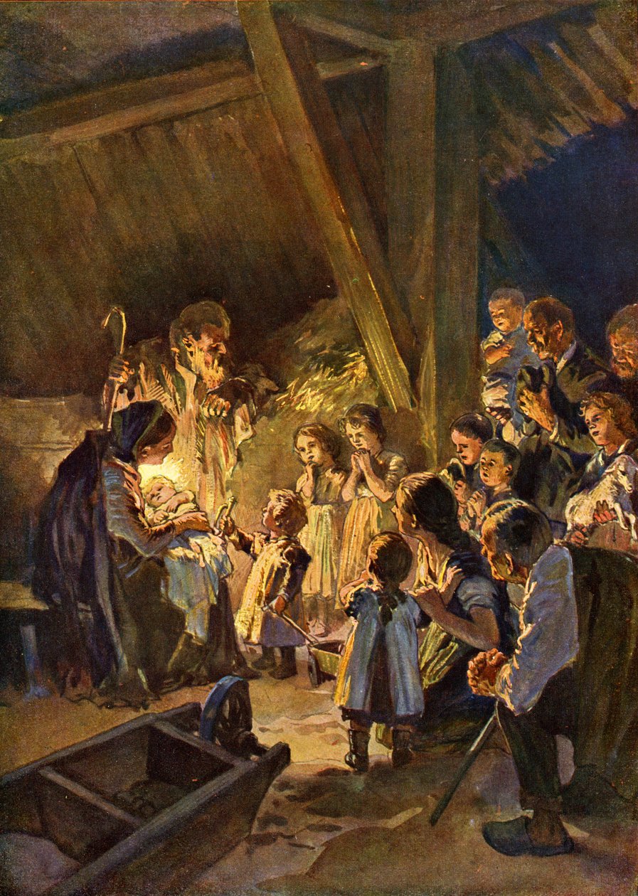 Tysk julescene med børn, ca. 1908 (tryk) af German School