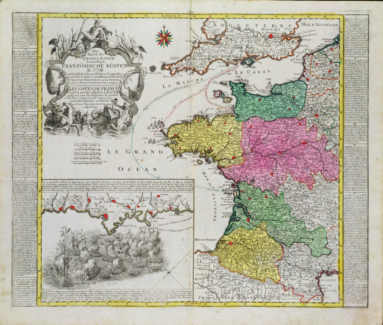 Tysk kort, der viser engelsk flådeangreb på franske havne i 1758 af German School