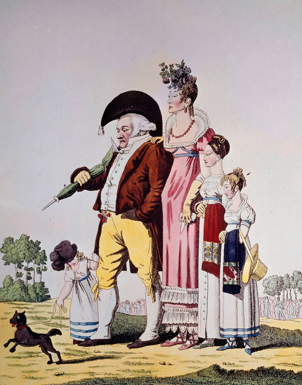 Tysk borgerlig tur om søndagen Karikatur, der repræsenterer en tysk familie i søndagsdragt. Indgravering af det 19. århundrede. Berlin. Kunstbibliothek af German School