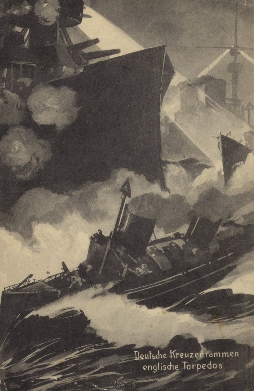 Tysk krydser, der rammer en britisk torpedobåd, 1. verdenskrig (litografi) af German School