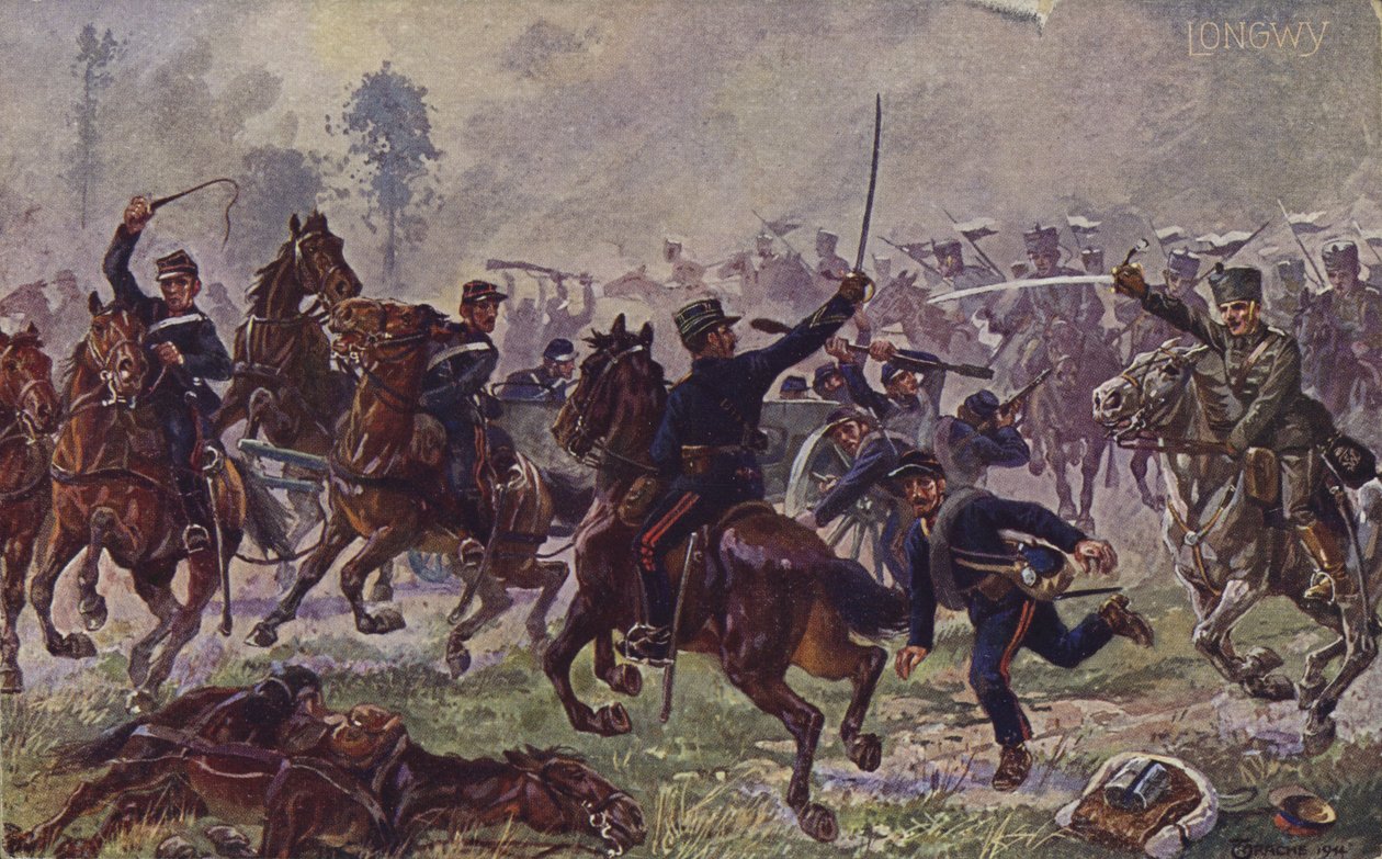 Tyske husarer erobrer franske kanoner ved Longwy, Første Verdenskrig, 22. august 1914 (farvelitografi) af German School