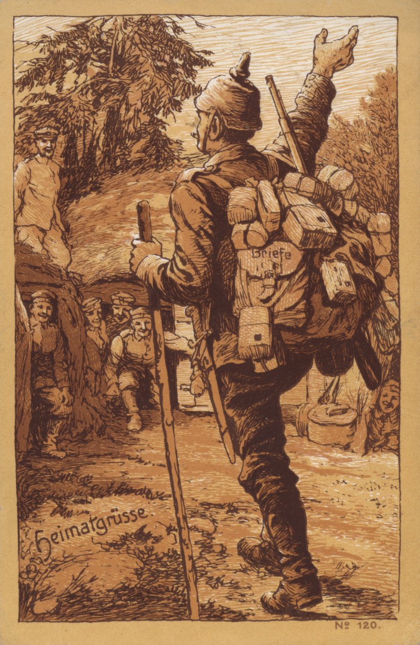 Tysk soldat med post får en varm velkomst, da han vender tilbage til sin enhed (litografi) af German School