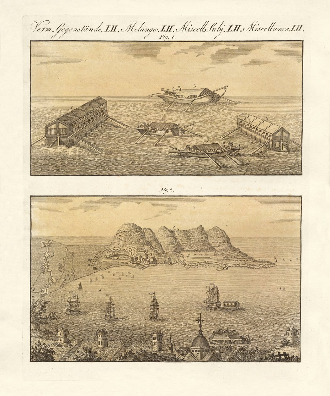 Gibraltar og svømmebatterierne (farvet gravering) af German School