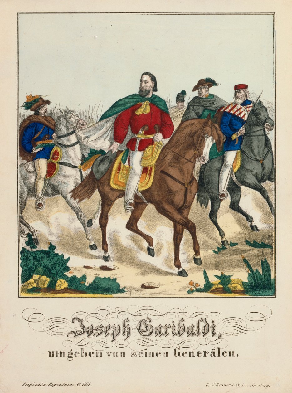 Giuseppe Garibaldi omgivet af sine generaler, udgivet af G.N. Renner, Nürnberg, 1866 af German School