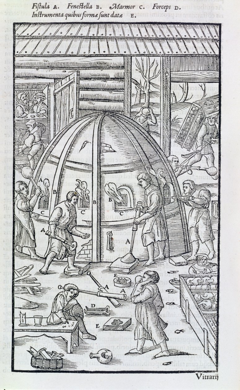 Glasværk, illustration, der viser marmorovnen og glaspustere (træsnit) af German School