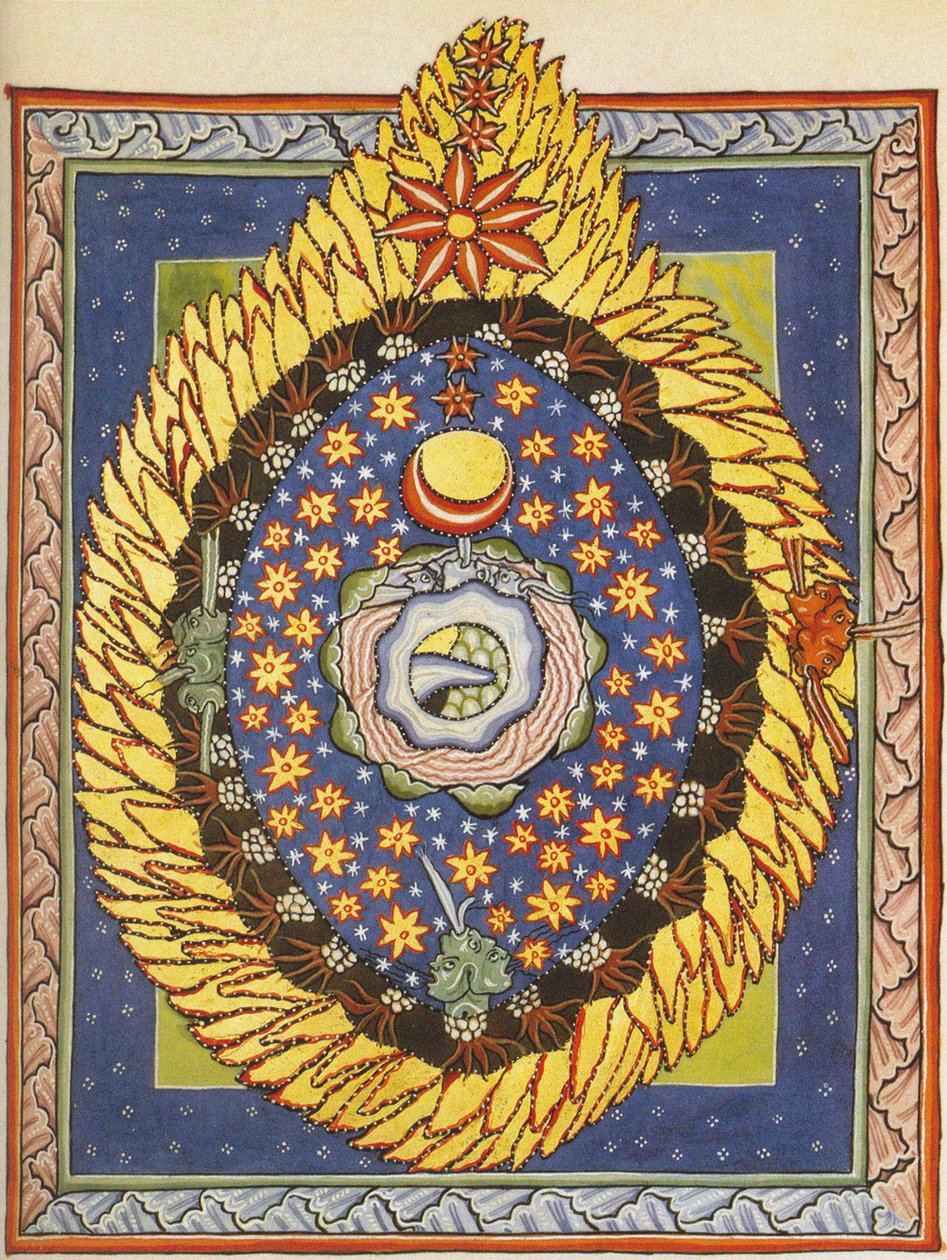 Gud, kosmos og menneskeheden. Miniature fra Liber Scivias af Hildegard af Bingen, ca. 1175 (akvarel på pergament) af German School