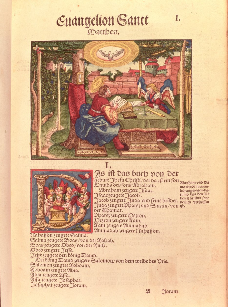 Matthæusevangeliet, bog I, fra Lutherbibelen, ca. 1530 (farvet træsnit) af German School