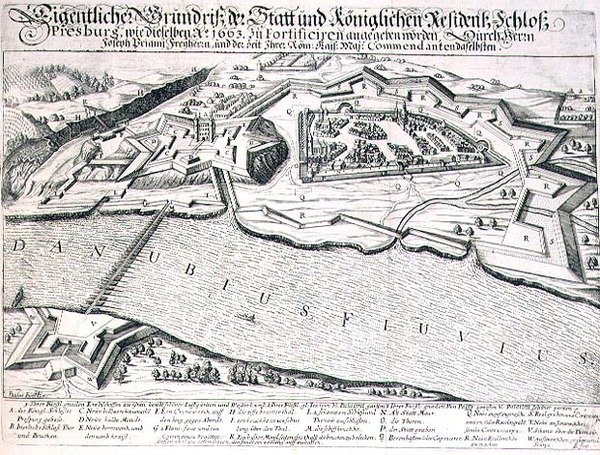 Grundplan over byen og slottet Pressburg og dens fæstningsværker i 1663, illustration fra en bog om de osmanniske felttog i Europa, indgraveret af Paul Furst (ca. 1605-66) (stik) af German School