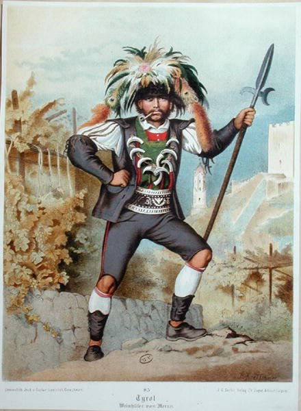 Bevogtning af vinmarkerne ved Meran i Tyrol (farve litho) af German School