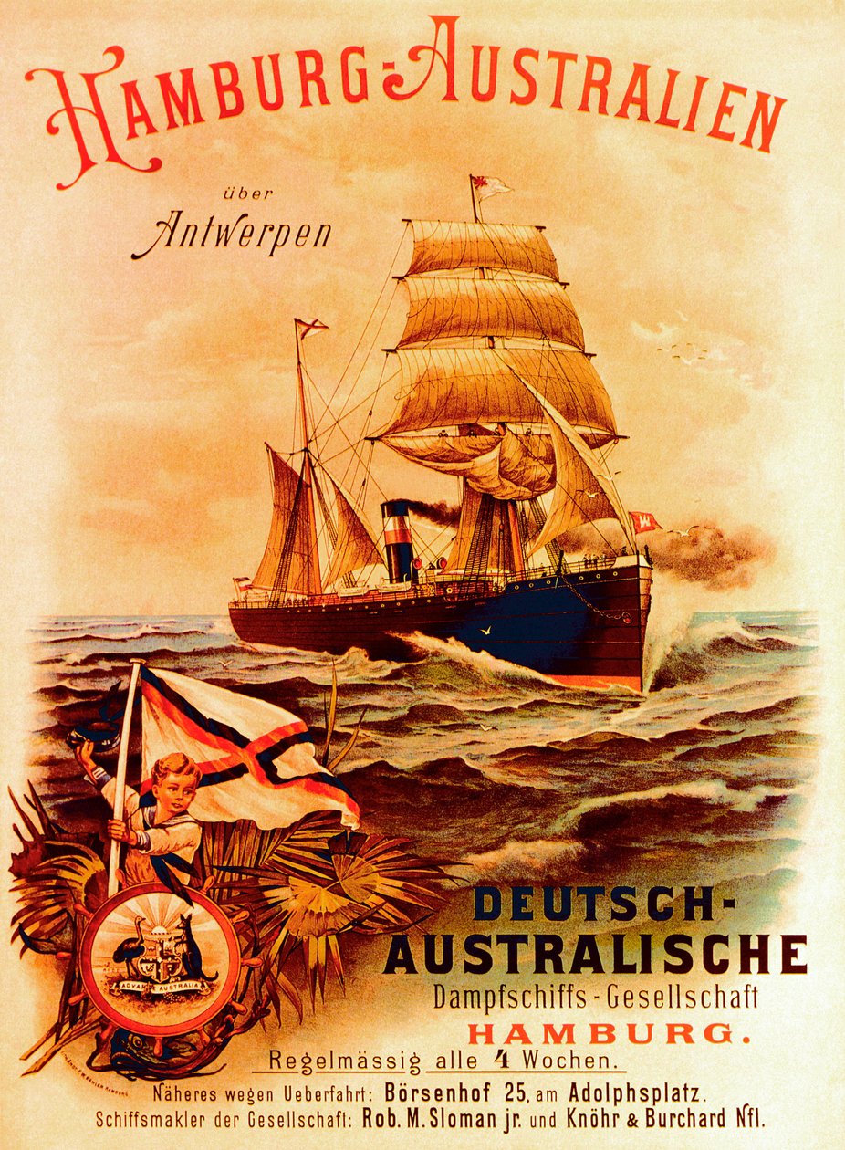 Hamborg - Australien, plakat, der reklamerer for det tyske australske dampskibsselskab, 1889 af German School