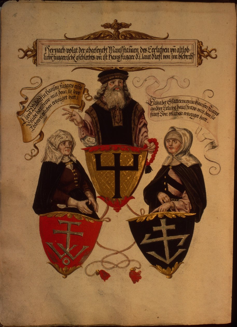 Hans Fugger og hans to hustruer Clara Widolf og Elisabeth Gfattermann, fra Fugger-familiens hemmelige æresbog af German School