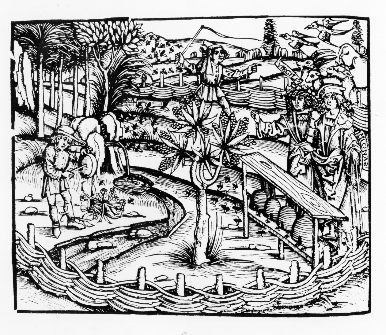 Glade ægtemænd, der passer bier, illustration fra Georgics af Virgil, bog IV, fra Sebastian Brants (1457-1521) udgave, udgivet 1502 af German School