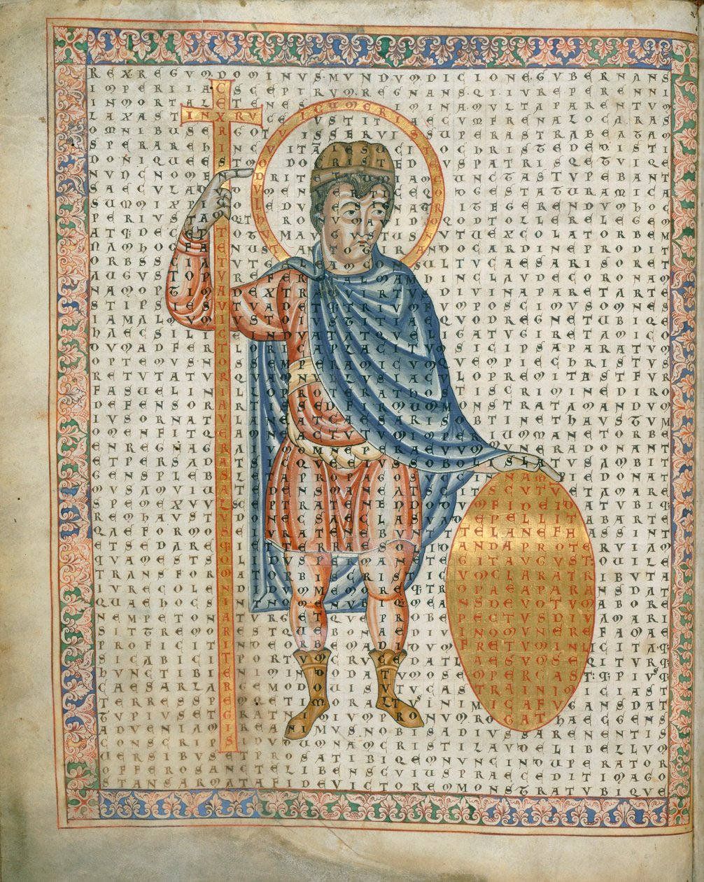 Harley 3045 fol.2 Kejser Ludvig I, den fromme, med kors og skjold, fra 