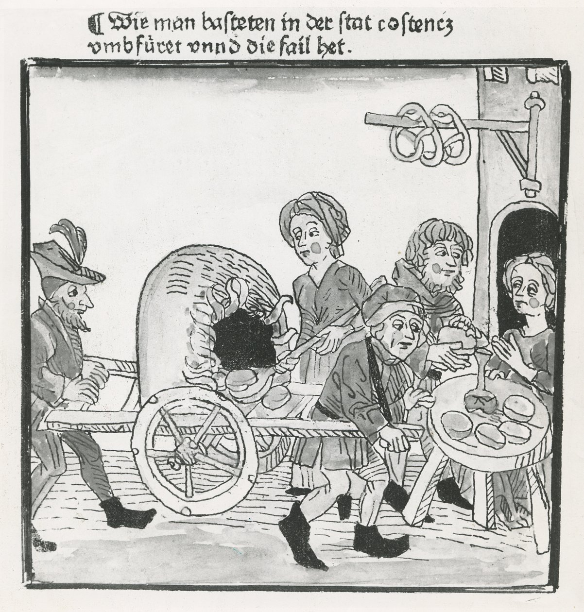 Hawker of Pancakes and Pretzels, under koncilet i Konstanz i 1417, efter et inkunabulum, ca. 1485 (pen og blæk på papir) af German School