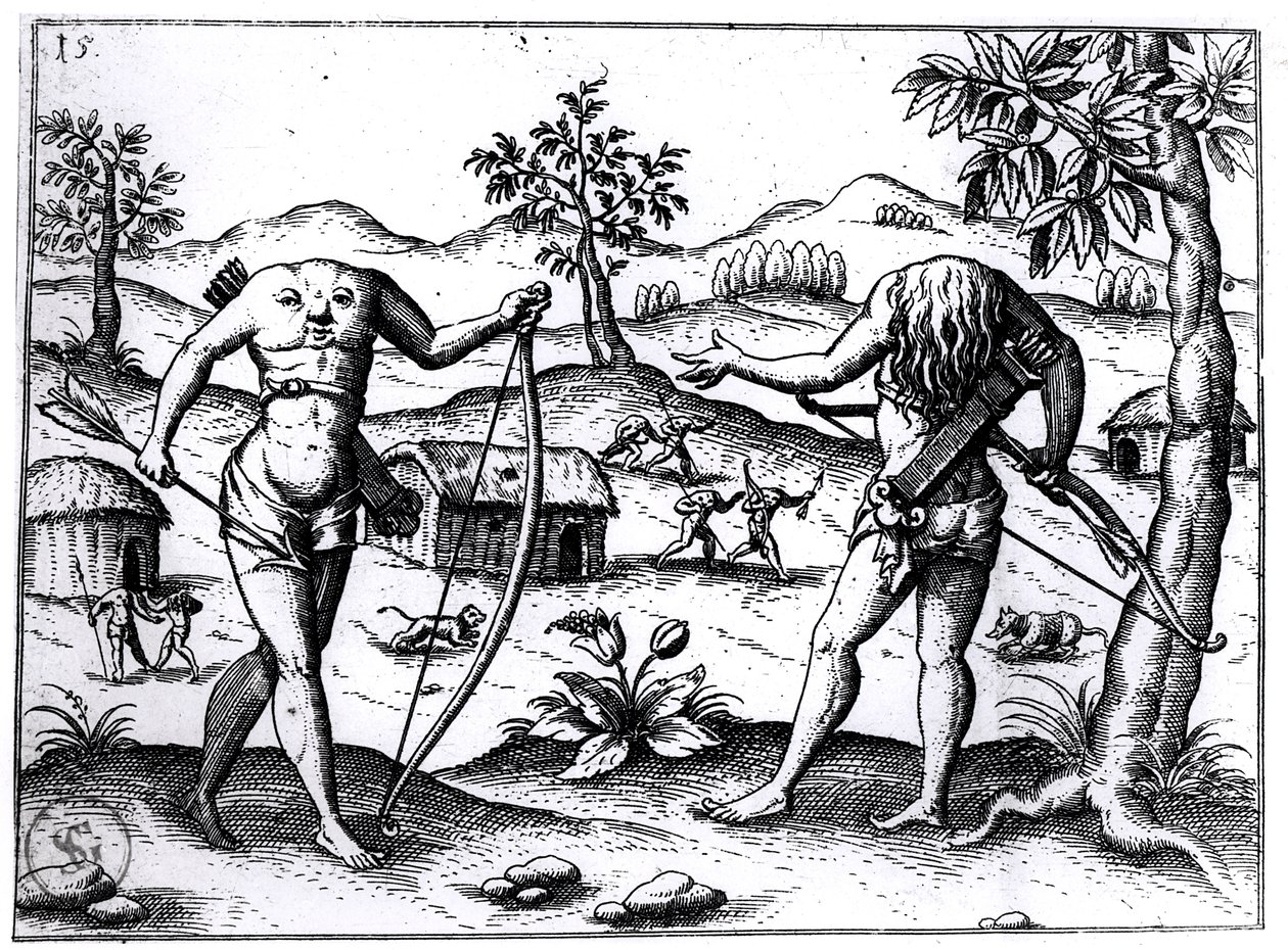 Hovedløse mænd og kvinder, illustration fra Sir Walter Raleighs beretning om Guyana, offentliggjort i Nürnberg, 1599 af German School