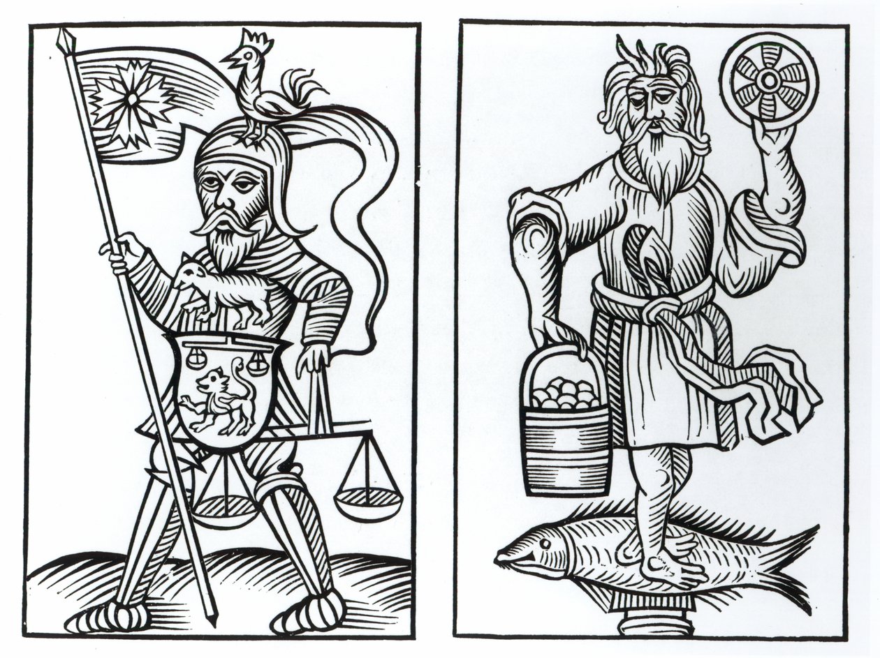 Hermensul eller Irminsul (venstre) og Crodon (højre) afguder af de gamle saksere, efter et træsnit i Annales Circuli Westphalia af Herman Stangefol, udgivet 1656 af German School