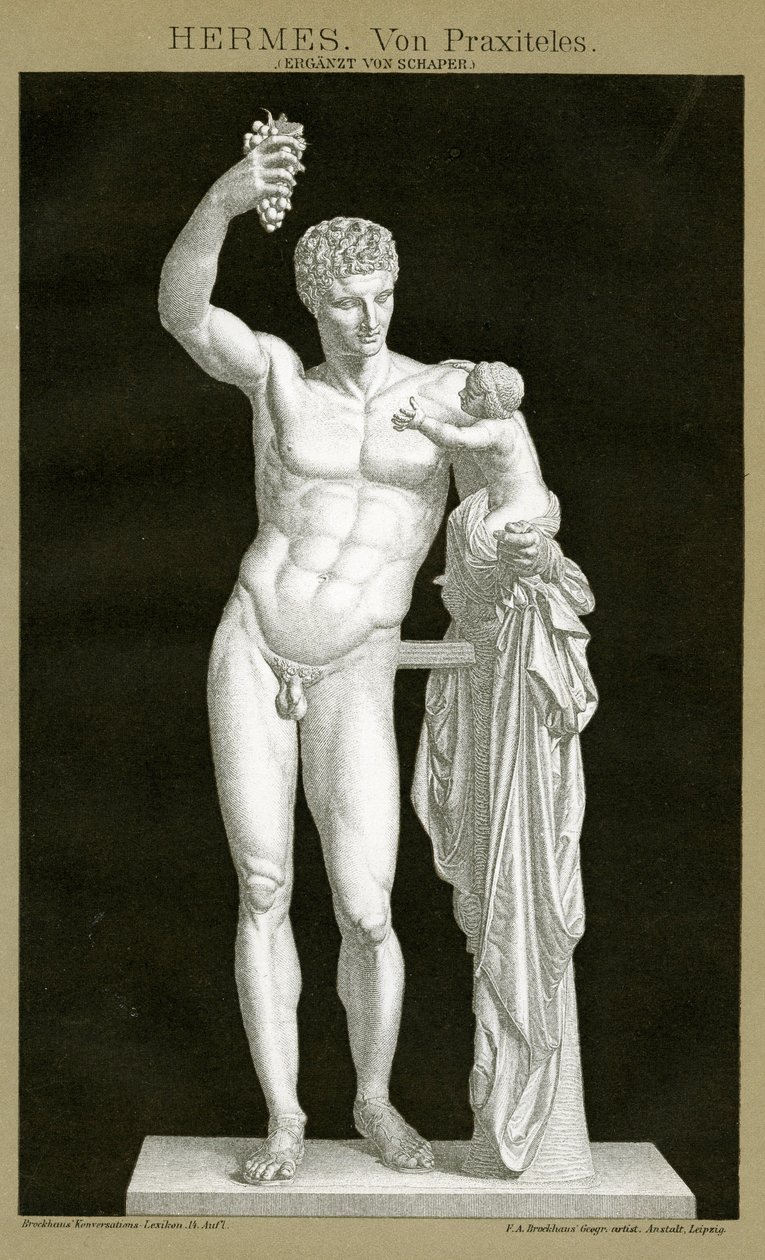 Hermes og spædbarnet Dionysos tilskrevet Praxiteles ca. 1895 (farvekromolitografi) af German School