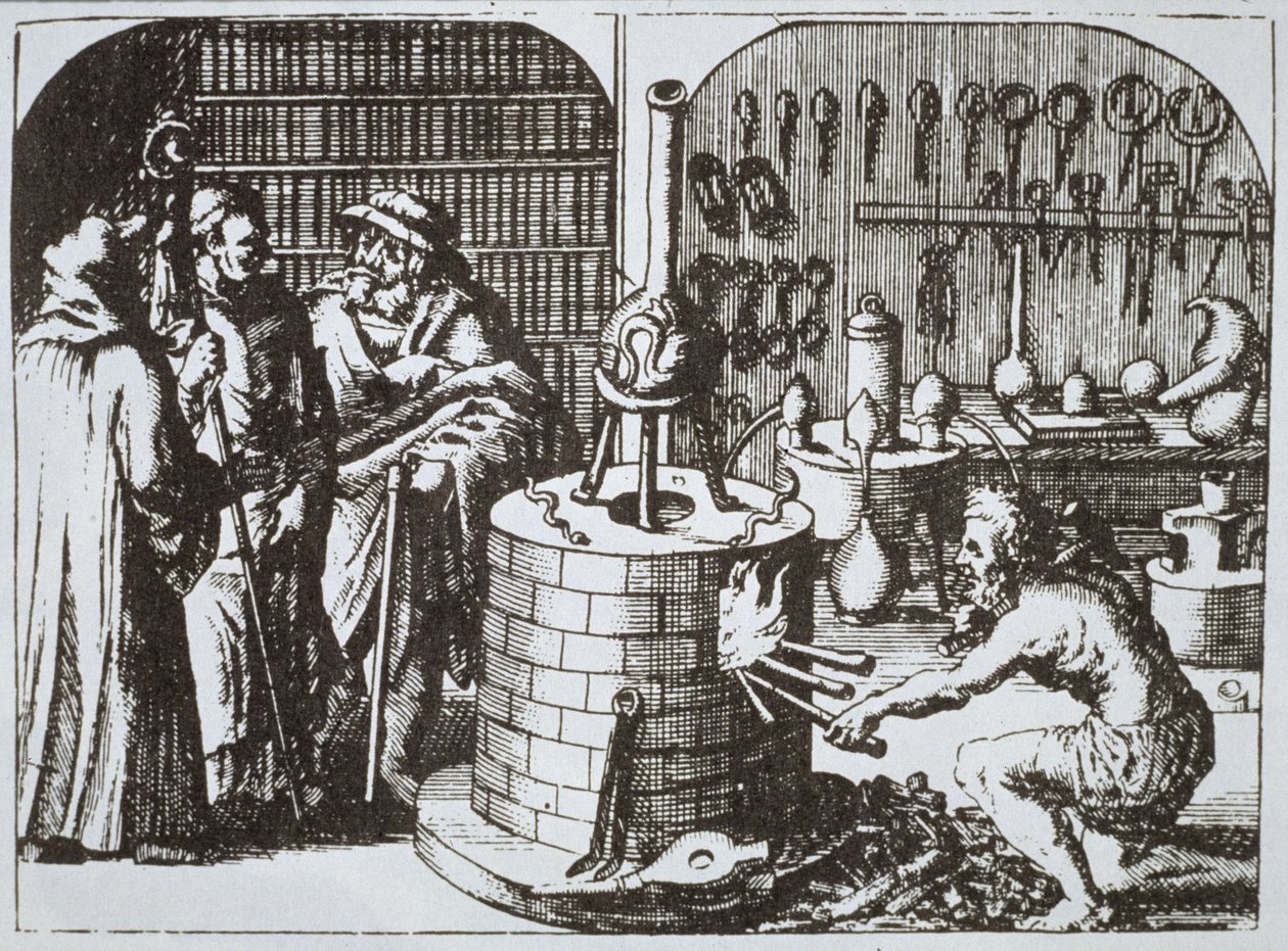 Hermetiske filosoffer og en alkymist, fra Museum Hermeticum af Michael Majer (1625) illustreret i en magisk historie udgivet i slutningen af det 19. århundrede af German School
