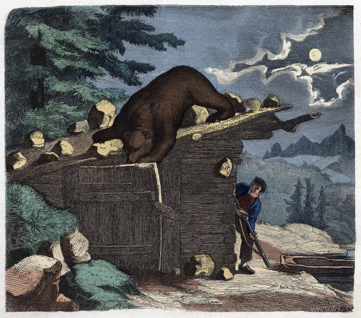 Jæger, der ønsker at dræbe bjørnen fra alpeskoven. I "" Wenn Jemand eine Reise thut, so kann er was erzahlen"" (Når nogen rejser, det er det, han kan fortælle), tysk fortælling af Franz Wiedemann af German School