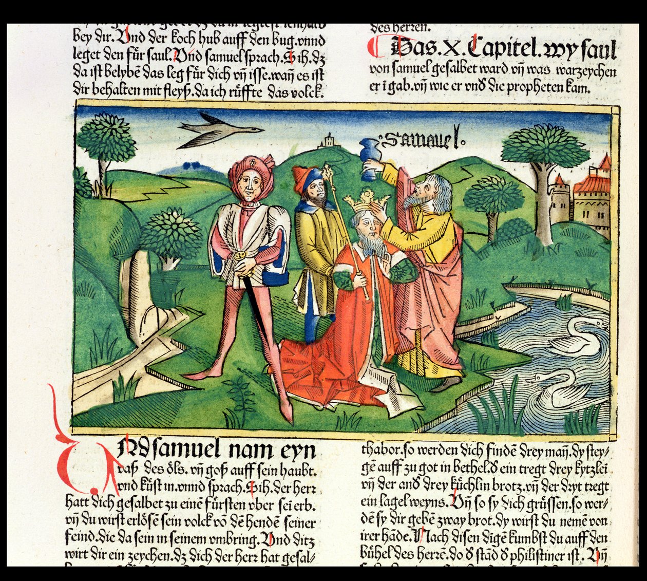 I Samuel 10 Sauls kroning og salvelse, fra Nürnbergbibelen (Biblia Sacra Germanica) (farvet træsnit) af German School