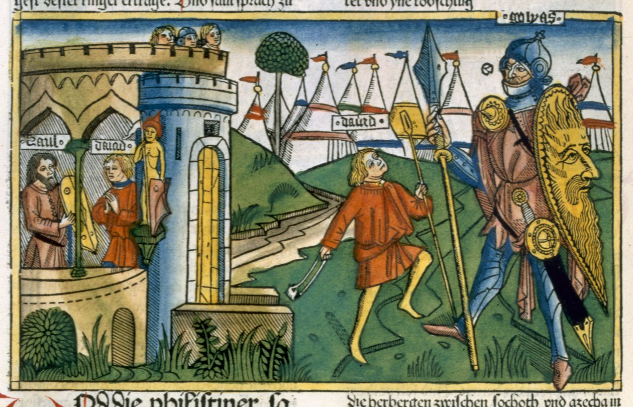 I Samuel 17 1-58 David besejrer Goliat og møder Saul, fra Nürnbergbibelen (Biblia Sacra Germanaica) (farvet træsnit) af German School