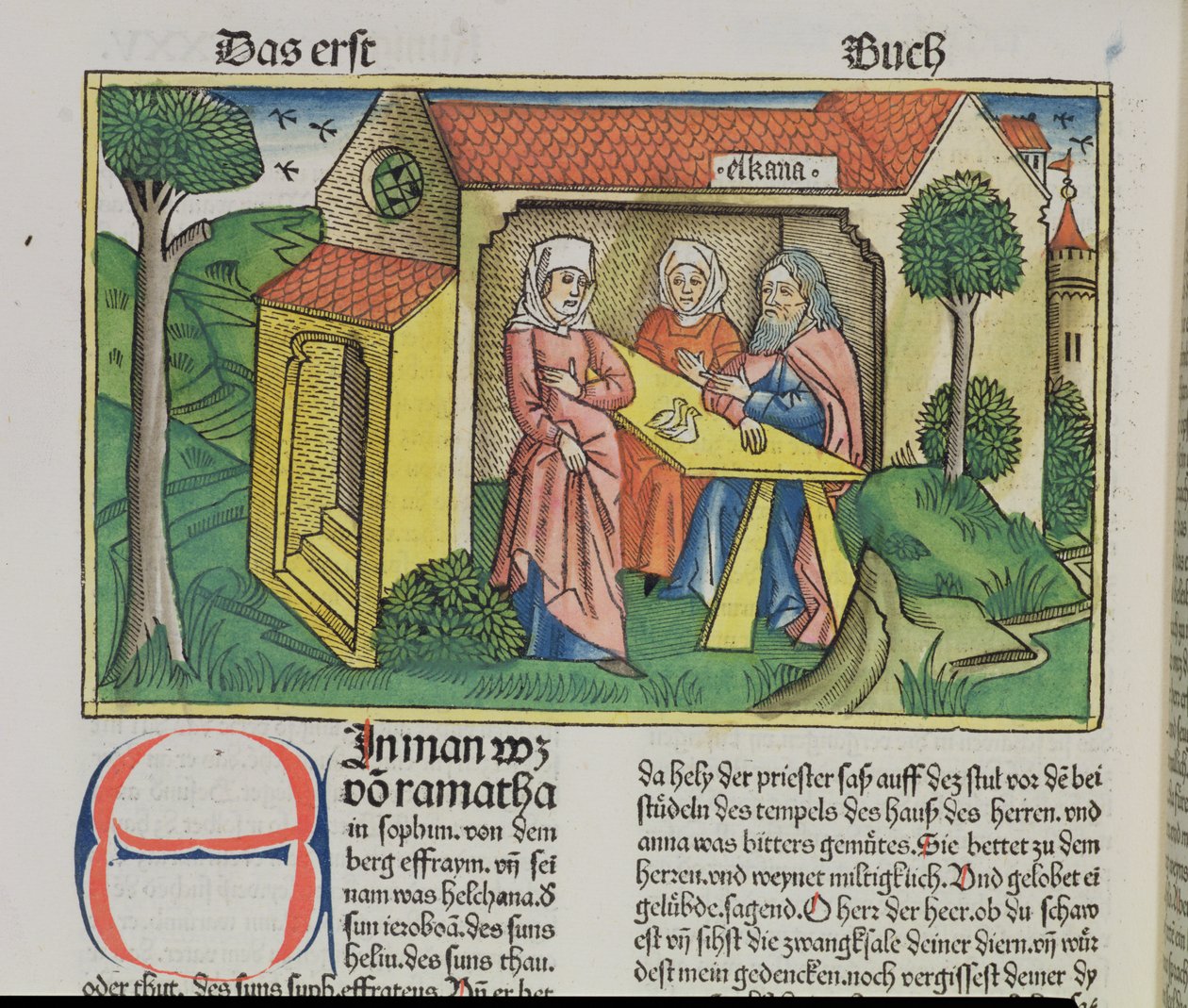 I Samuel 1:8 Elkana trøster Hanna, fra Nürnbergbibelen (Biblia Sacra Germanaica) (farvet træsnit) af German School
