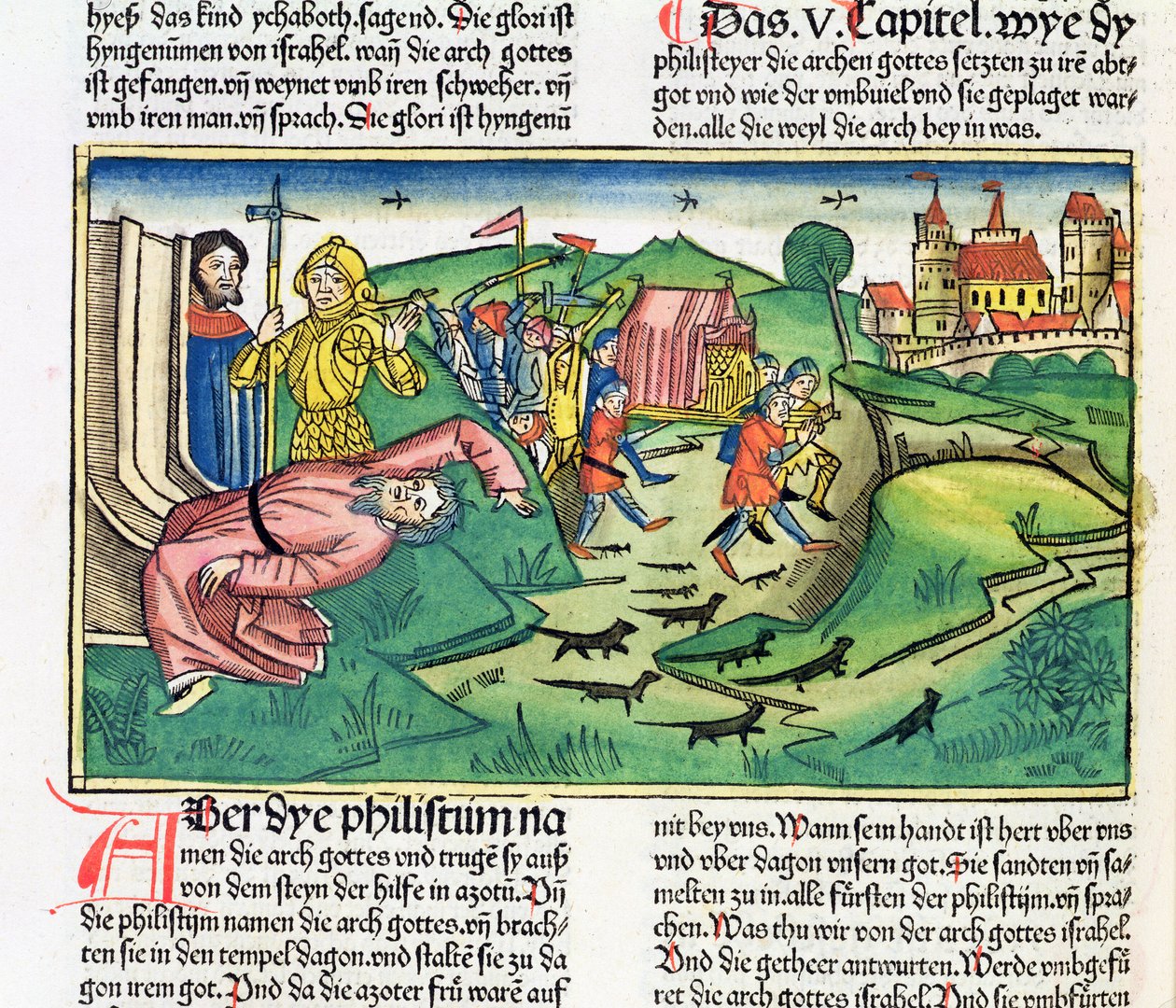 I Samuel 5:1-11 Filisterne griber arken og bliver ramt af pesten, fra Nürnbergbibelen (Biblia Sacra Germanaica) (farvet træsnit) af German School