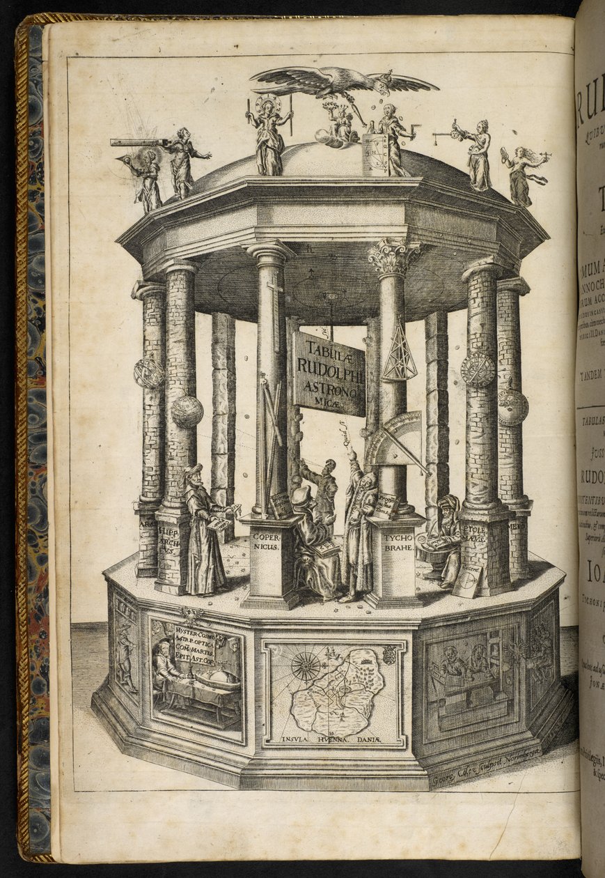 Illustreret frontispice, der viser et tempel i Urania, Astronomiens Muse, fra 