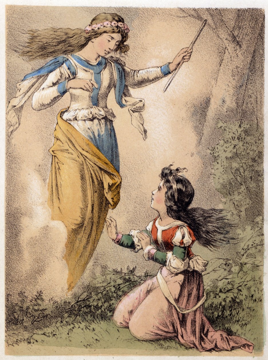 Illustration af Franz Hoffmanns fortællinger "" Fortællinger og fabler - De 3 gaver"": ønsket opfyldt af en fe. Kromolitografi af det 19. århundrede. af German School