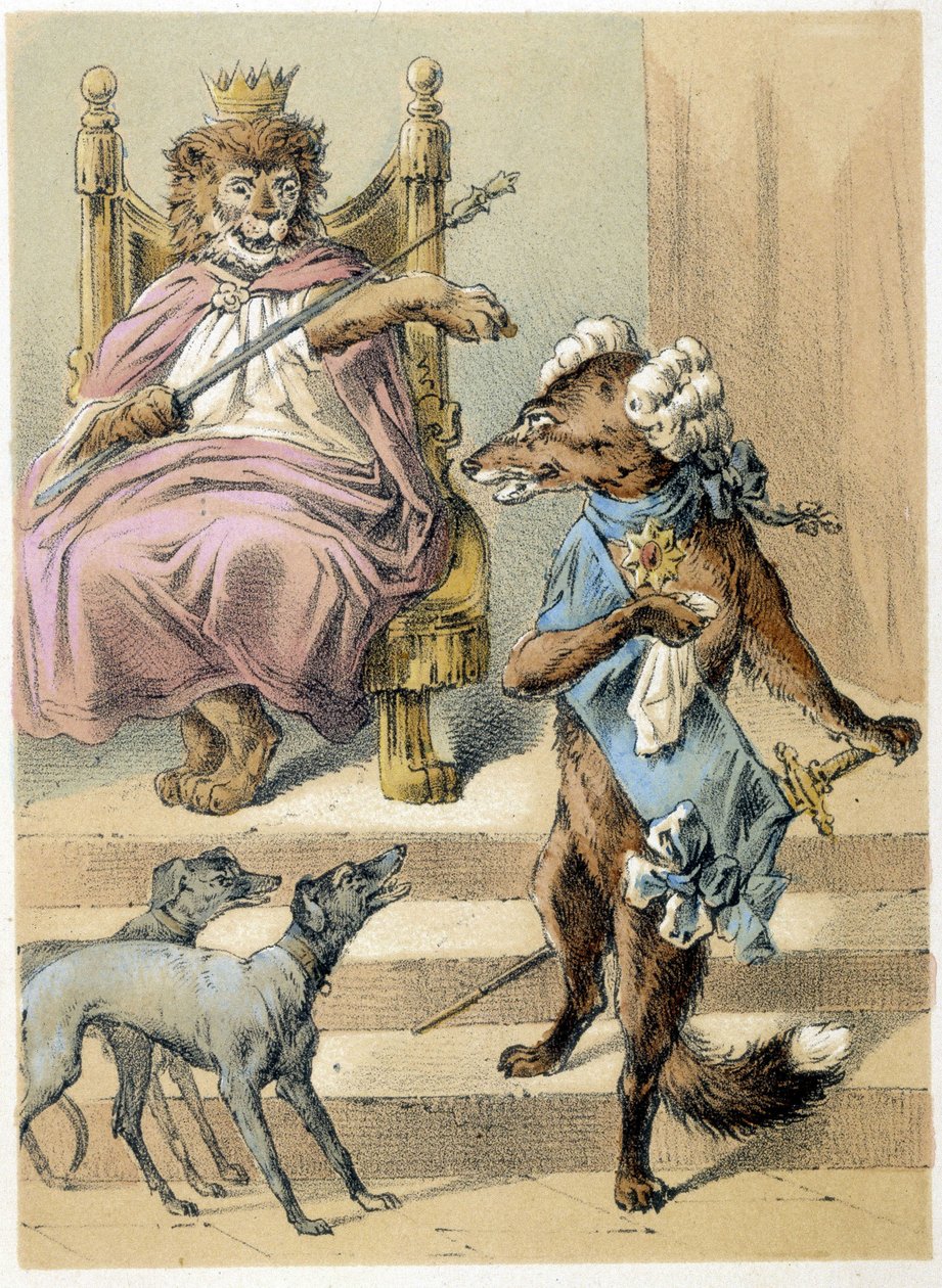 Illustration af Franz Hoffmanns fortællinger "" Fortællinger og fabler - Ræven": En ræv, der taler foran Løvernes Konge. Kromolitografi af det 19. århundrede. af German School