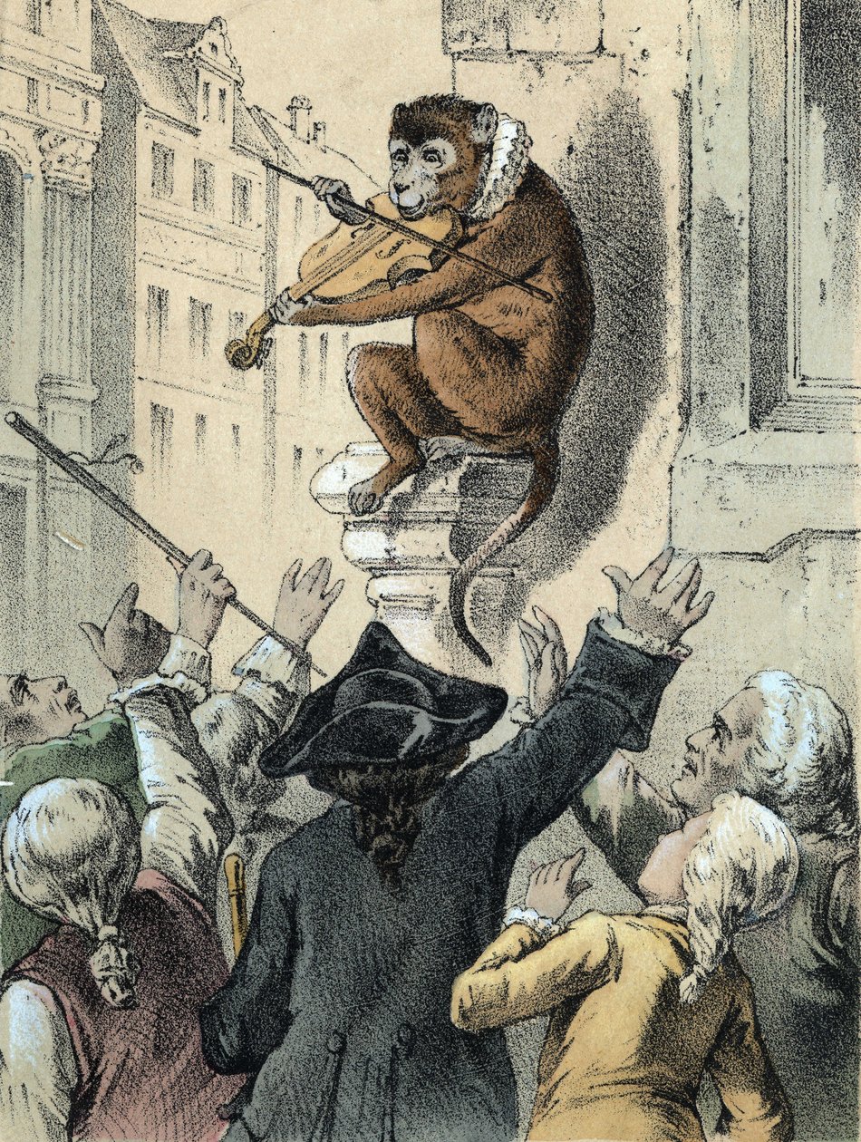 Illustration af Franz Hoffmanns fortællinger "" Fortællinger og fabler - Aben og violinen"": en abe, der spiller violin foran en menneskemængde. Kromolitografi af det 19. århundrede. af German School