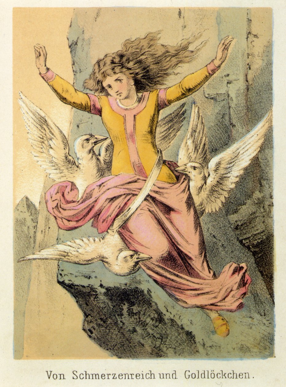 Illustration af Franz Hoffmanns fortællinger "" Fortællinger og fabler - Von Schmerzen Reich und Gold¿kuchen"": en kvinde omgivet af tre fugle. Kromolitografi af det 19. århundrede. af German School