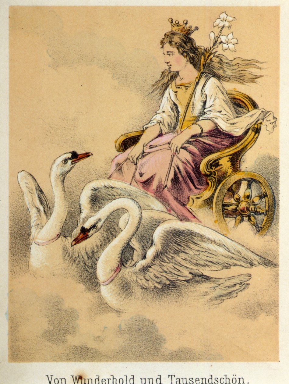 Illustration af Franz Hoffmanns fortællinger "" Fortællinger og fabler - Von Wunderhold und Tausendsch¿n": en vogn med en gudinde skudt af 2 svaner. Kromolitografi af det 19. århundrede. af German School